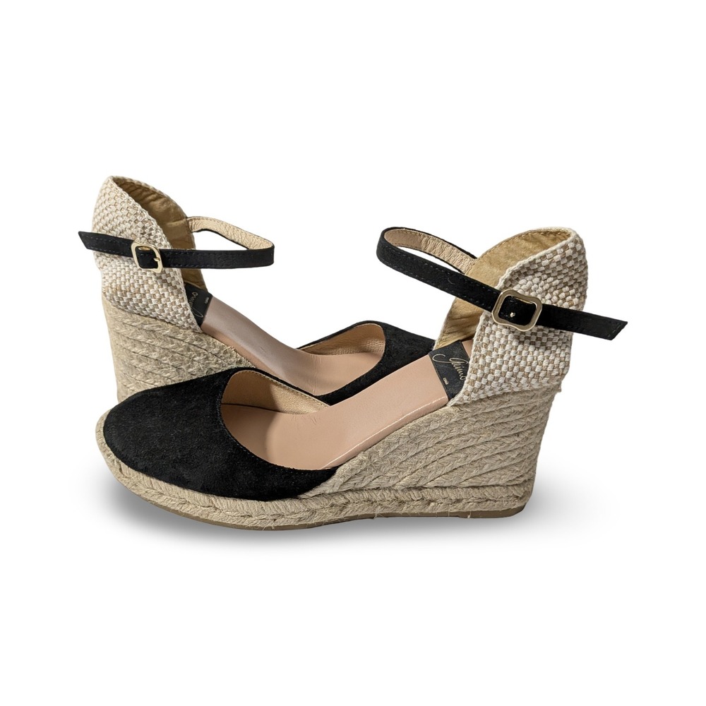 Gaimo Black Global Espadrille Wedge Suede Sandal Ankle Strap Boho Sz 40 US 9/9.5